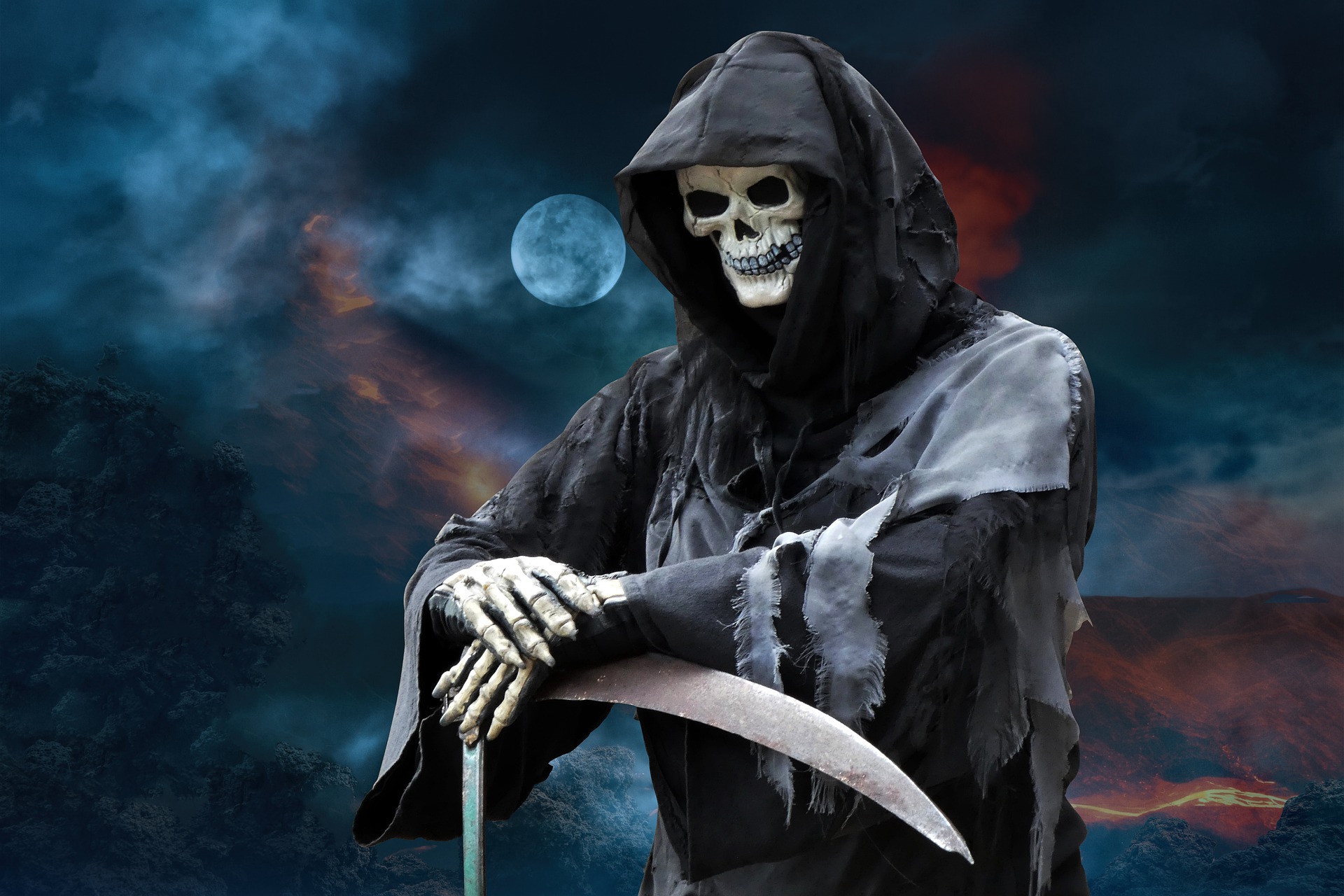 An illustration of the Grim Reaper on a dark cloudy night