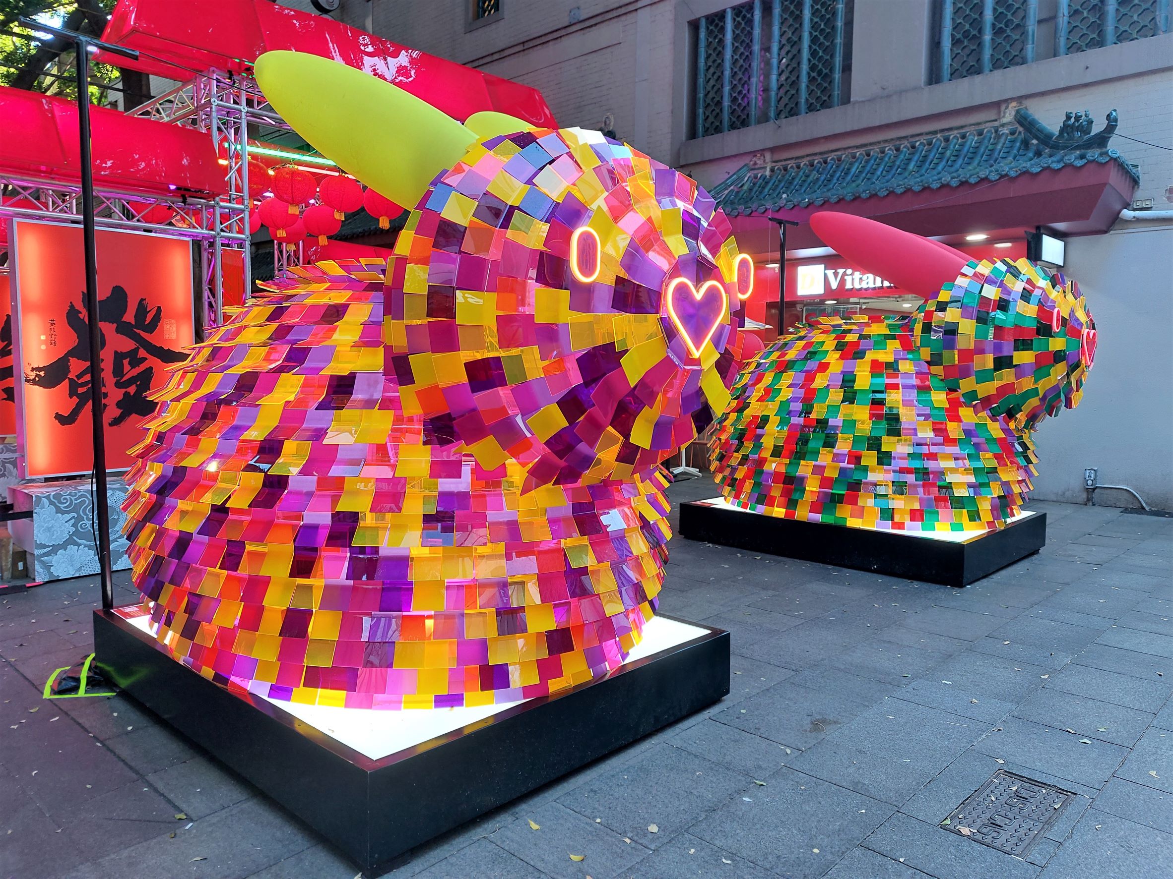 Two multi-coloured rabbit installations in Chinatown, Sydney, Australia.
